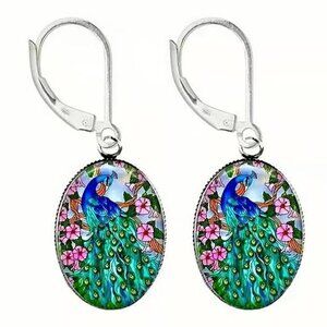 Silver PEACOCK Floral Dangle Earrings